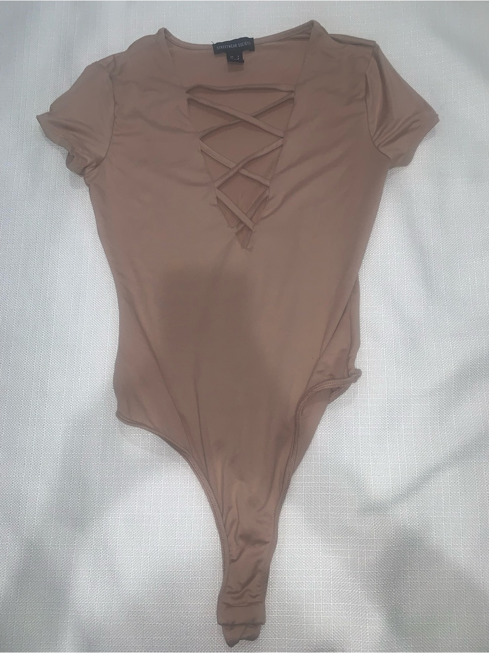 Streetwear Society Taupe Crisscross V-Neck Bodysuit